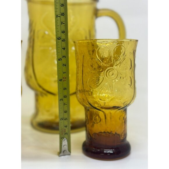 Vintage 1970's Libbey Country Garden Pitcher & 2 Drink Glasses Amber Decor - Picture 5 of 10